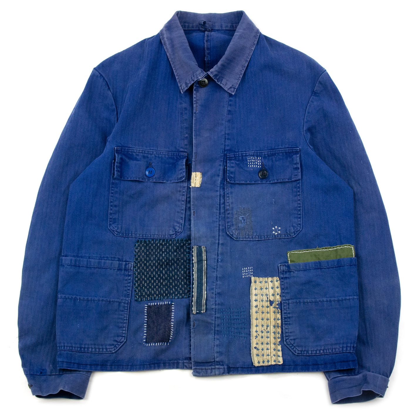 Vintage French 'Japanese Boro' Style Patchwork Herringbone Twill Workwear Jacket - S
