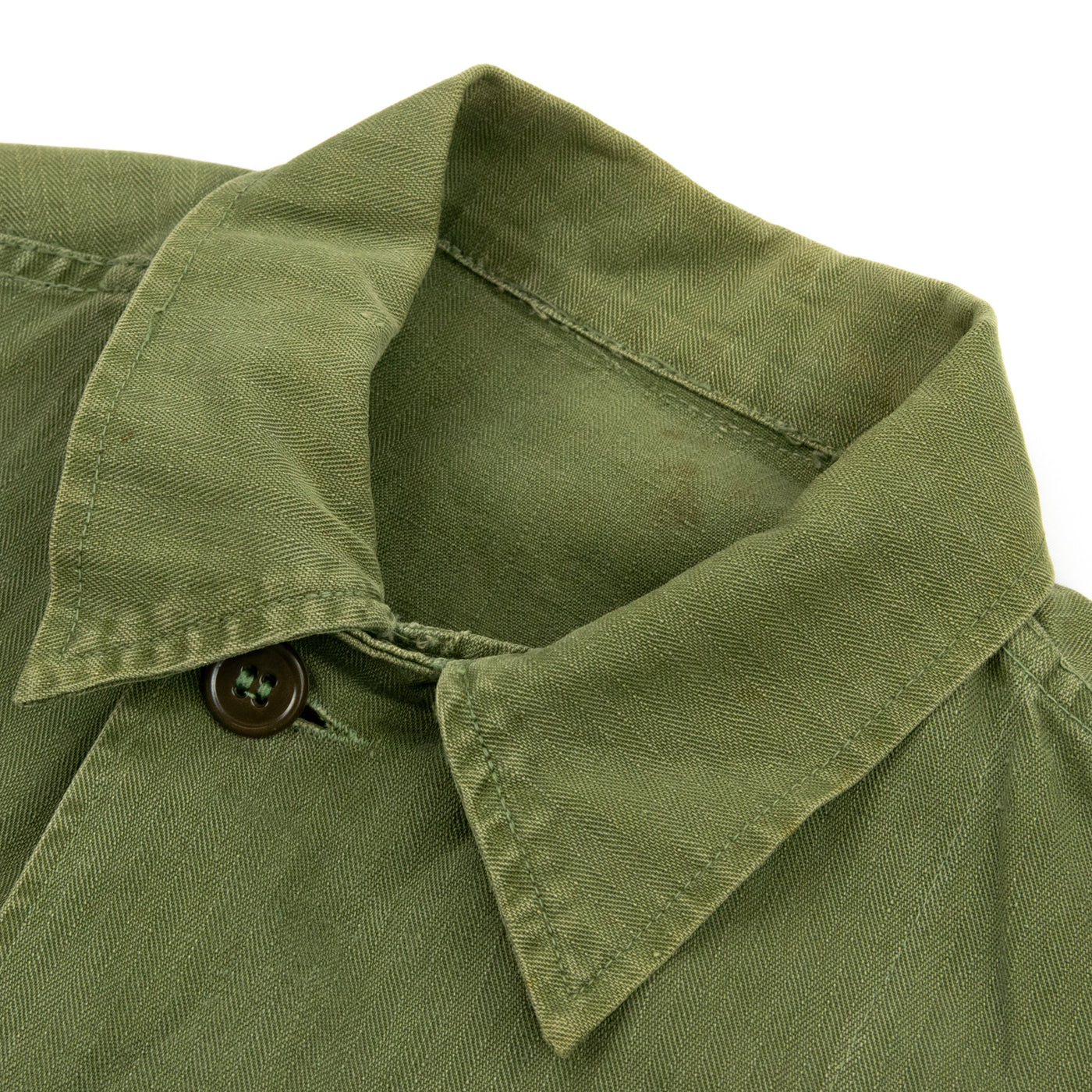 Vintage 1940s US Army WWII HBT Stencil Field Military Shirt Olive Green - S Collar
