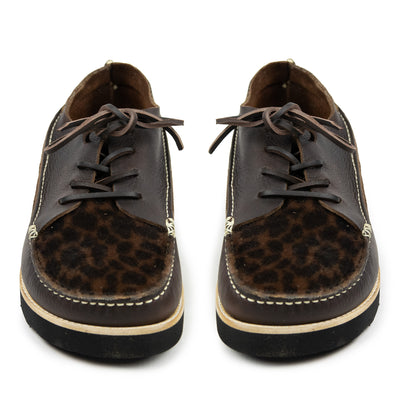Yogi x Universal Works Finn Shoe Tumbled / Leopard Fur Leather EVA Sole Dark Brown Front