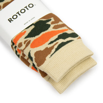 Rototo Camo Print Socks Beige Orange Made in Japan Cuff