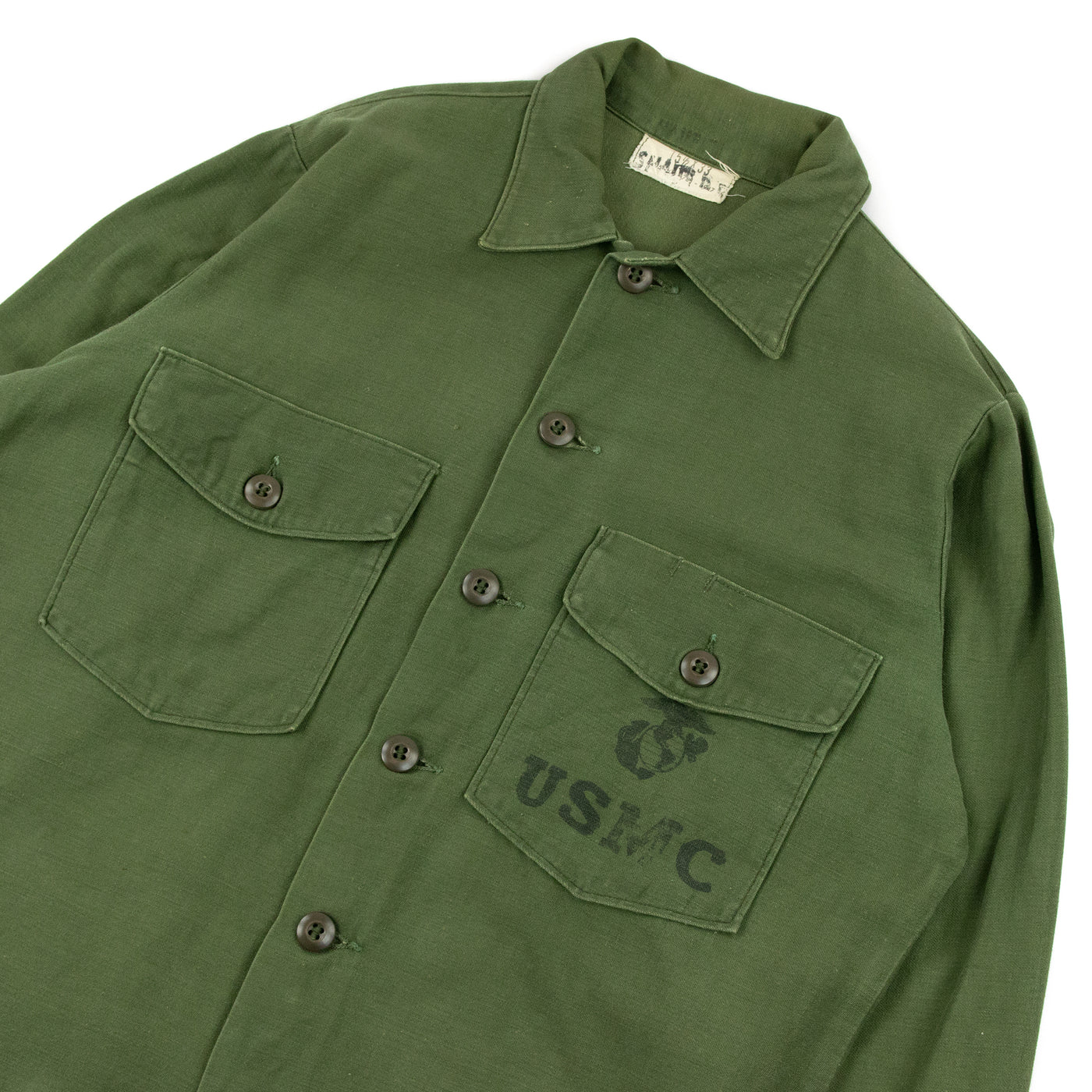Vintage 60s USMC Vietnam Era Man's Cotton Sateen Army Green 107 Military Shirt S / M CHEST