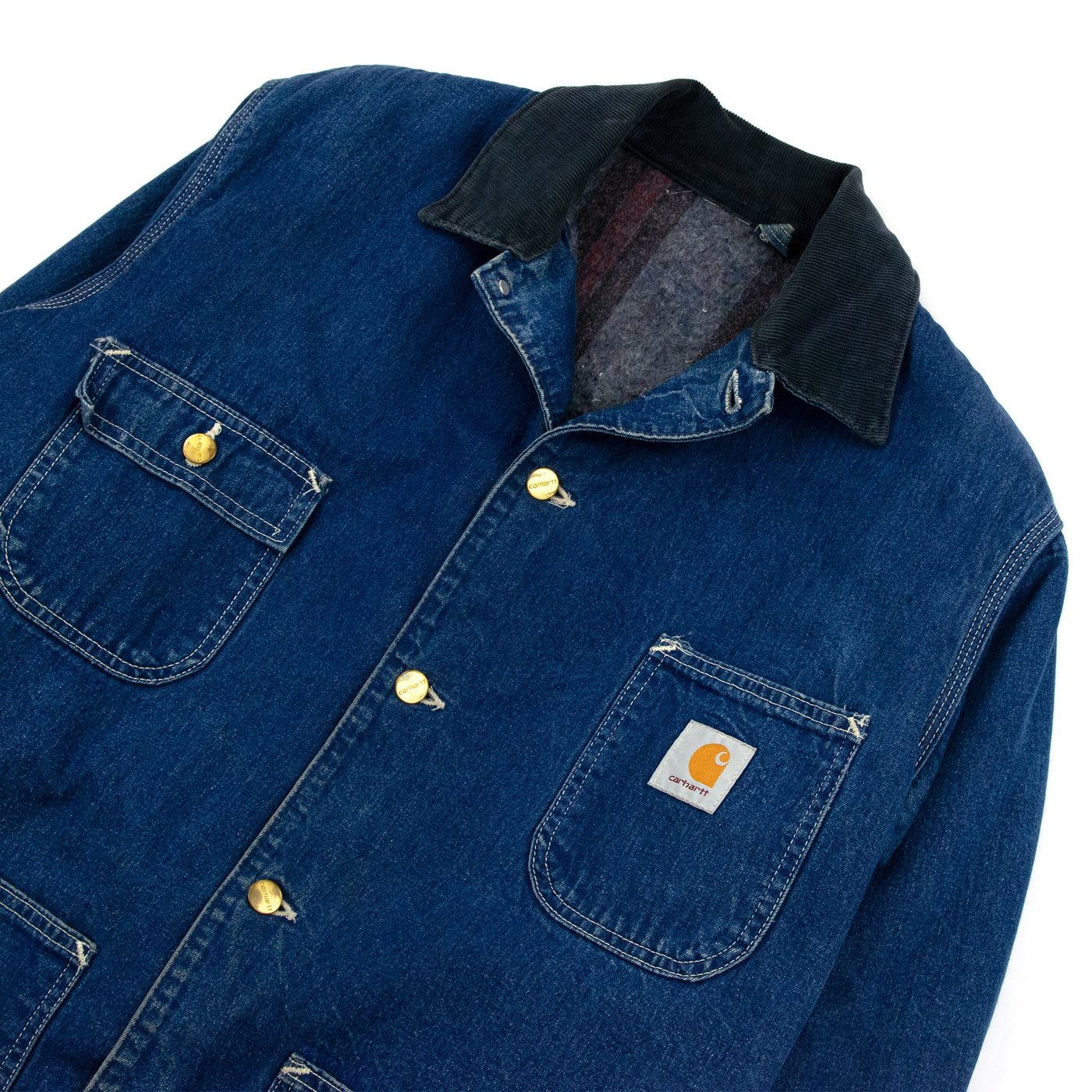 Vintage Carhartt Blanket Lined Blue Denim Worker Chore Jacket M Boxy FRONT