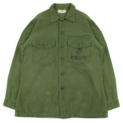 Vintage 60s USMC Vietnam Era Man's Cotton Sateen Army Green 107 Military Shirt S / M FRONT