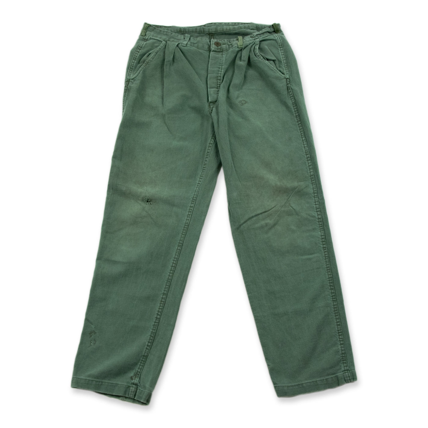 Vintage 70s Distressed Swedish Military Field Trousers Worker Style Green 30 W FRONT 