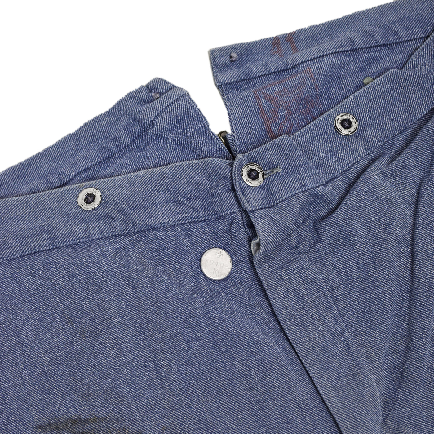 Vintage 60s Swiss Army Salt & Pepper Denim Fatigue Prison Pants L / XL front detail