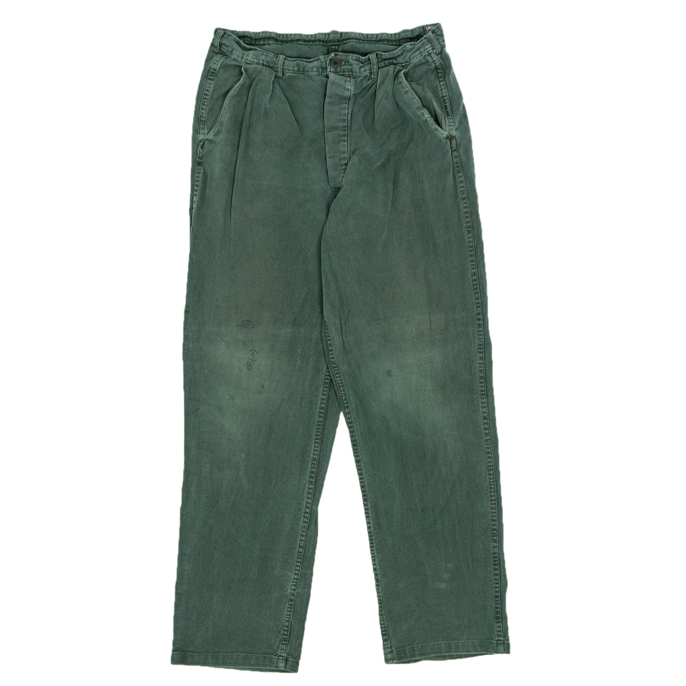 Vintage 70s Distressed Swedish Military Field Trousers Worker Style Green 30 W front