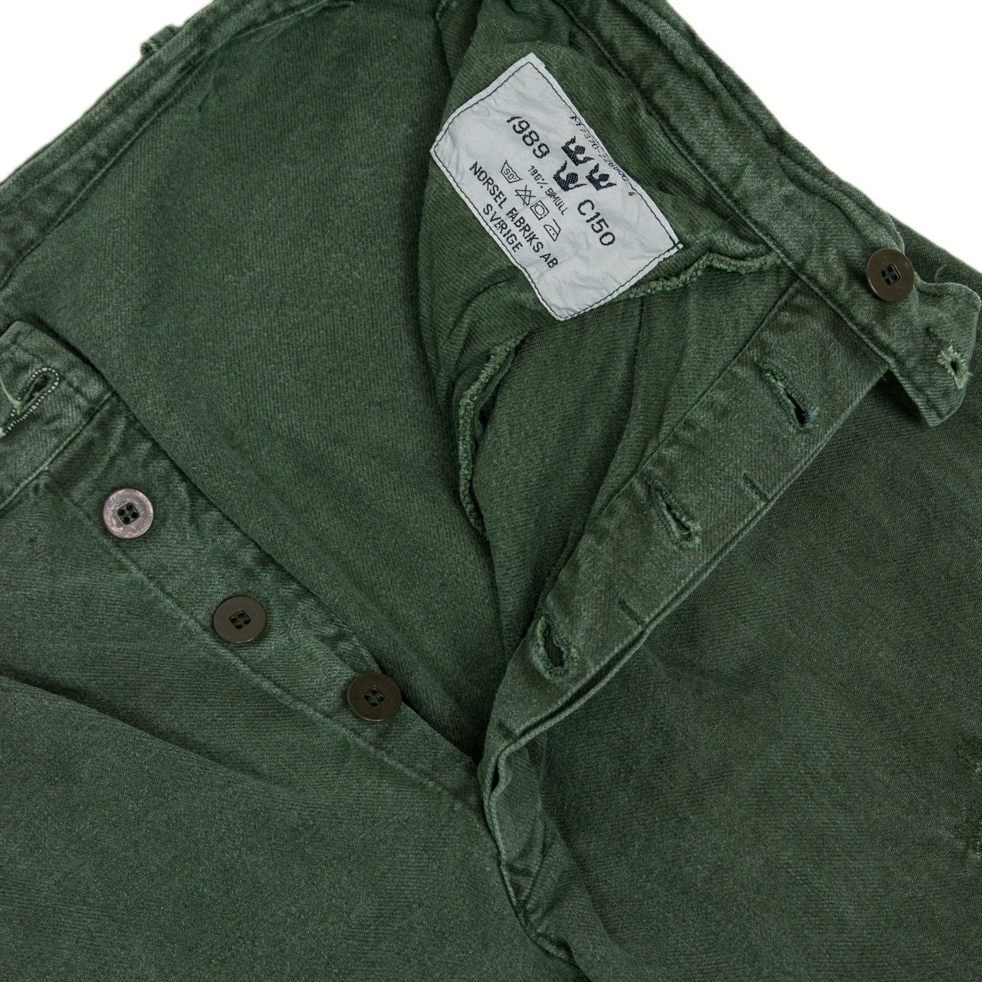 Vintage 70s Distressed Swedish Military Field Trousers Worker Style Green 30 W button