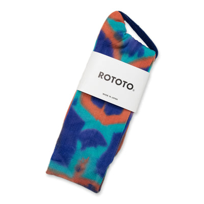Rototo Tie Dye Formal Crew Socks Blue / Orange / Turquoise  Made In Japan FRONT 