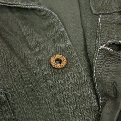Vintage 40s US Army WWII HBT 13 Star Button Green Military Coveralls 44R L BUTTON DETAIL